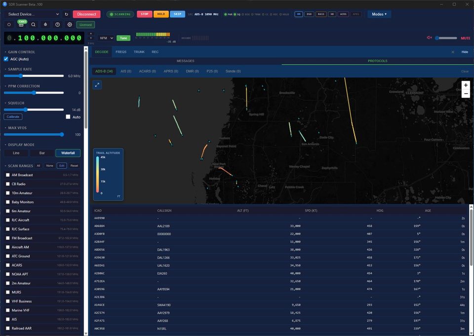 NyxScope ADS-B view: aircraft tracks on a map with a live aircraft table
