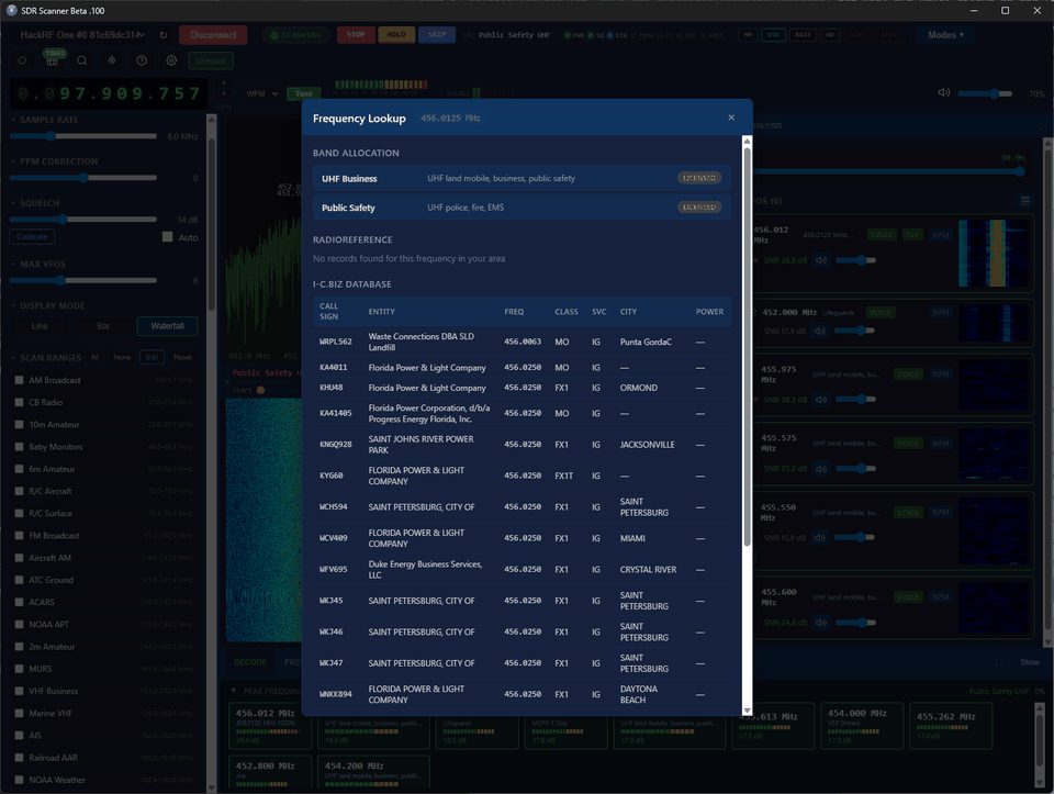 NyxScope frequency lookup listing FCC licences for a frequency near you
